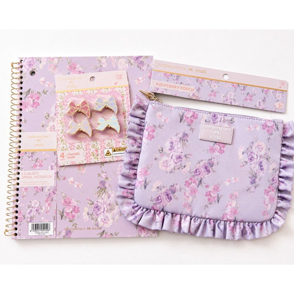 LoveShackFancy x Yoobi Lavender Floral Stationery Set Pouch Notebook Pins NWT